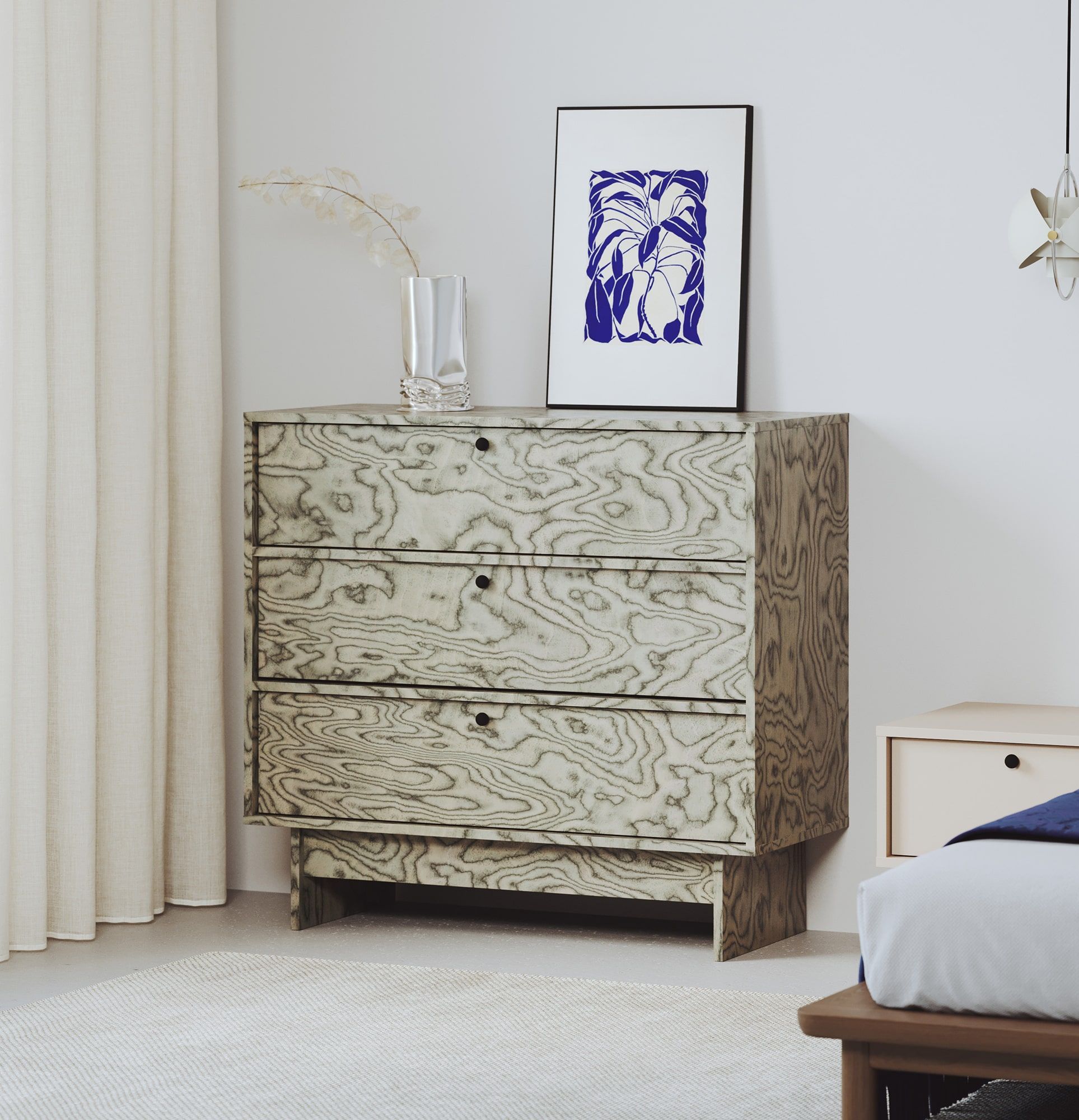 Komoda KABE KK03 w stylu JAPANDI
Kolor: Sottsass Szary Fornir
Uchwyt: Uchwyt Kula Czarna KD