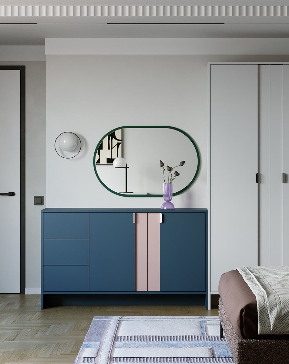 Komoda LAYERS LAY13
Kolor: Niebieski Tyrolski
Kolor drugiej warstwy frontu: Antyczna Róża
Uchwyt: Uchwyt LAYERS 110 Porcelanowa Biel