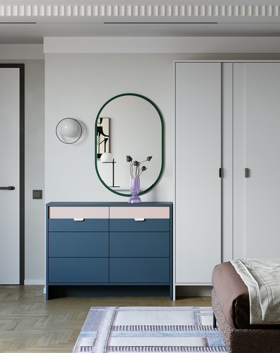 Komoda sześć szuflad LAYERS LAY12
Kolor: Niebieski Tyrolski
Kolor drugiej warstwy frontu: Antyczna Róża
Uchwyt: Uchwyt LAYERS 110 Porcelanowa Biel