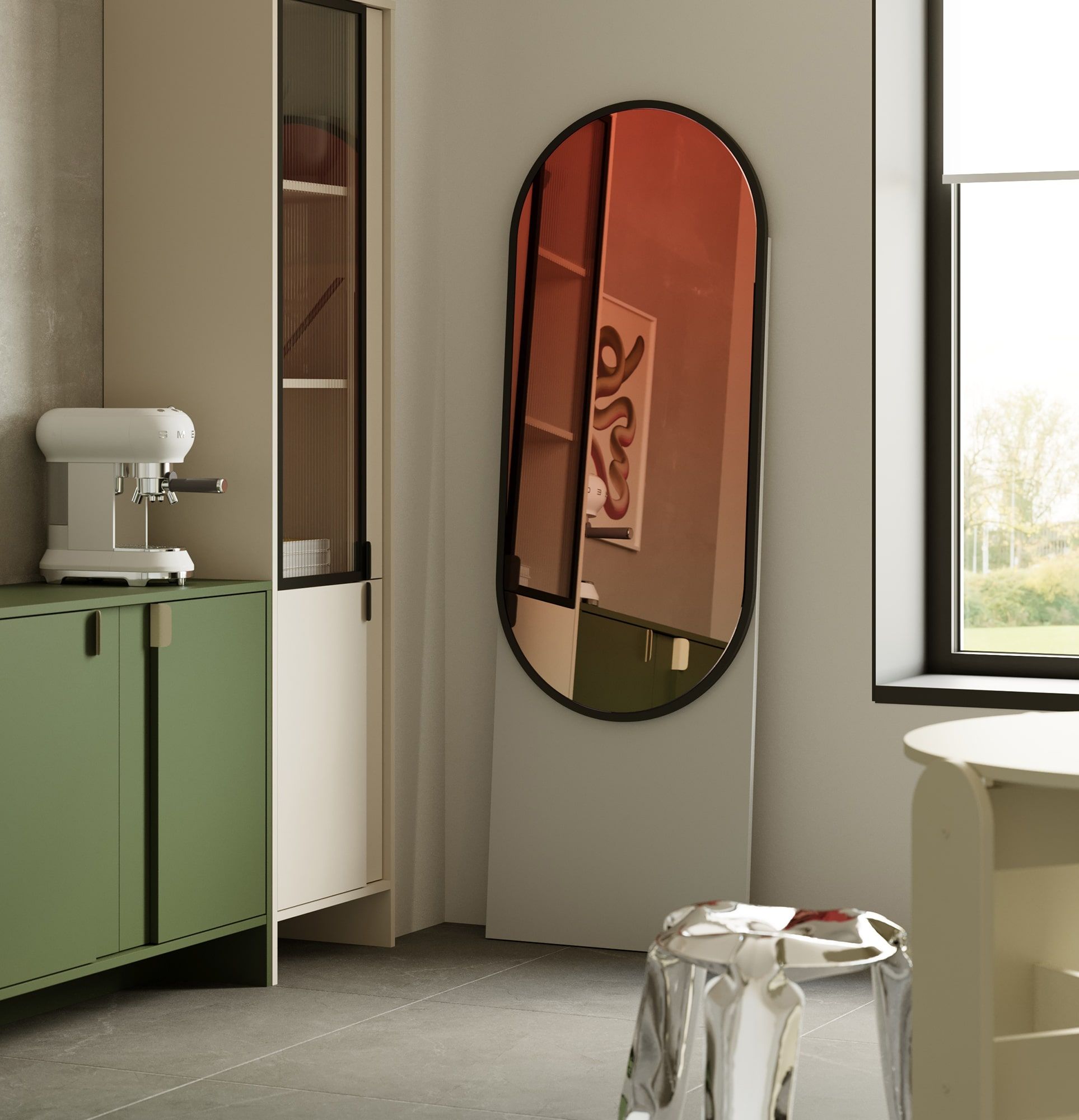 Lustro stojące LAYERS LAY52
Kolor: Porcelanowa Biel
Kolor ramki, płyty pod lustrem: Czarny Onyx
Rodzaj tafli lustra: Dekoracyjne Prism