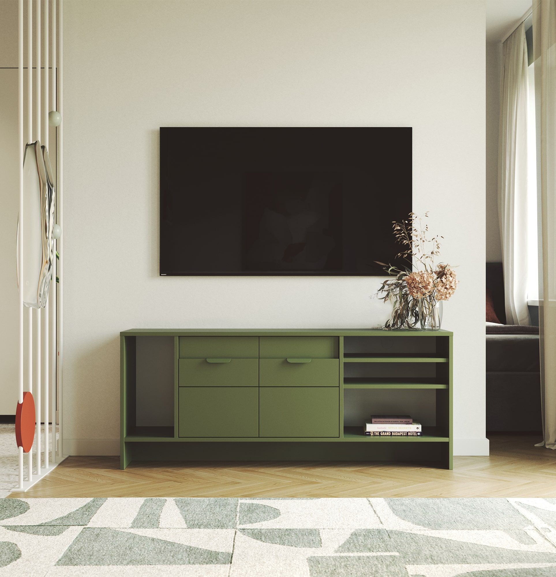 Sideboard komoda LAYERS LAY56
Kolor: Cyprysowa Zieleń
Kolor drugiej warstwy frontu: Cyprysowa Zieleń
Uchwyt: Uchwyt LAYERS 110 Cyprysowa Zieleń