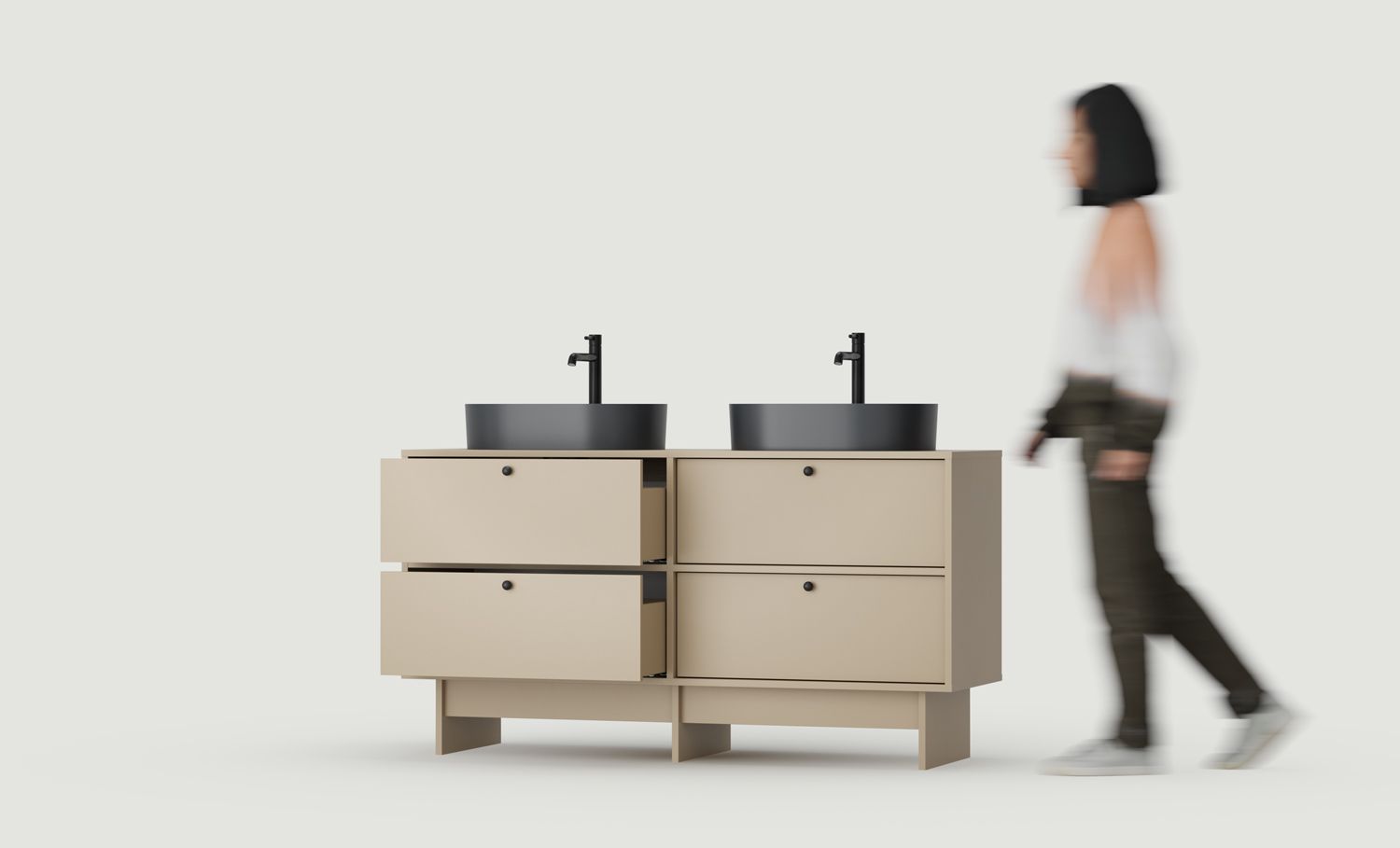 Szafka KABE z dwiema umywalkami OMNIRES K2U03 w stylu JAPANDI
Kolor: Cappuccino
Uchwyt: Uchwyt Kula Czarna KD
Umywalka: OVO M+ Black Lava OMNIRES
Bateria: Wysoka Y Czarny OMNIRES