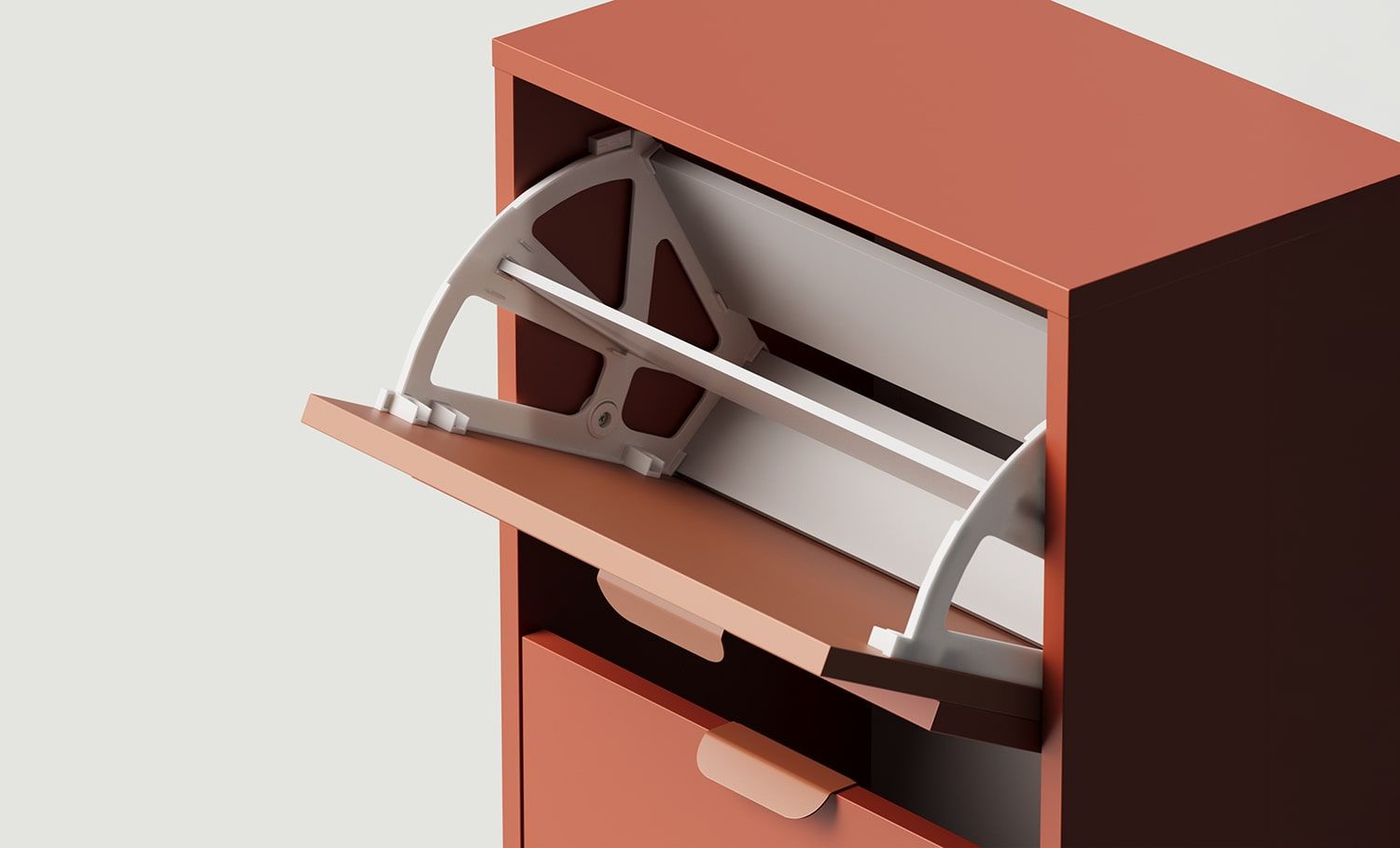 Szafka na buty klapowa wisząca LAYERS LAY24
Kolor: Ognista Terakota
Kolor drugiej warstwy frontu: Głębia Sahary
Uchwyt: Uchwyt LAYERS 110 Ognista Terakota
                            