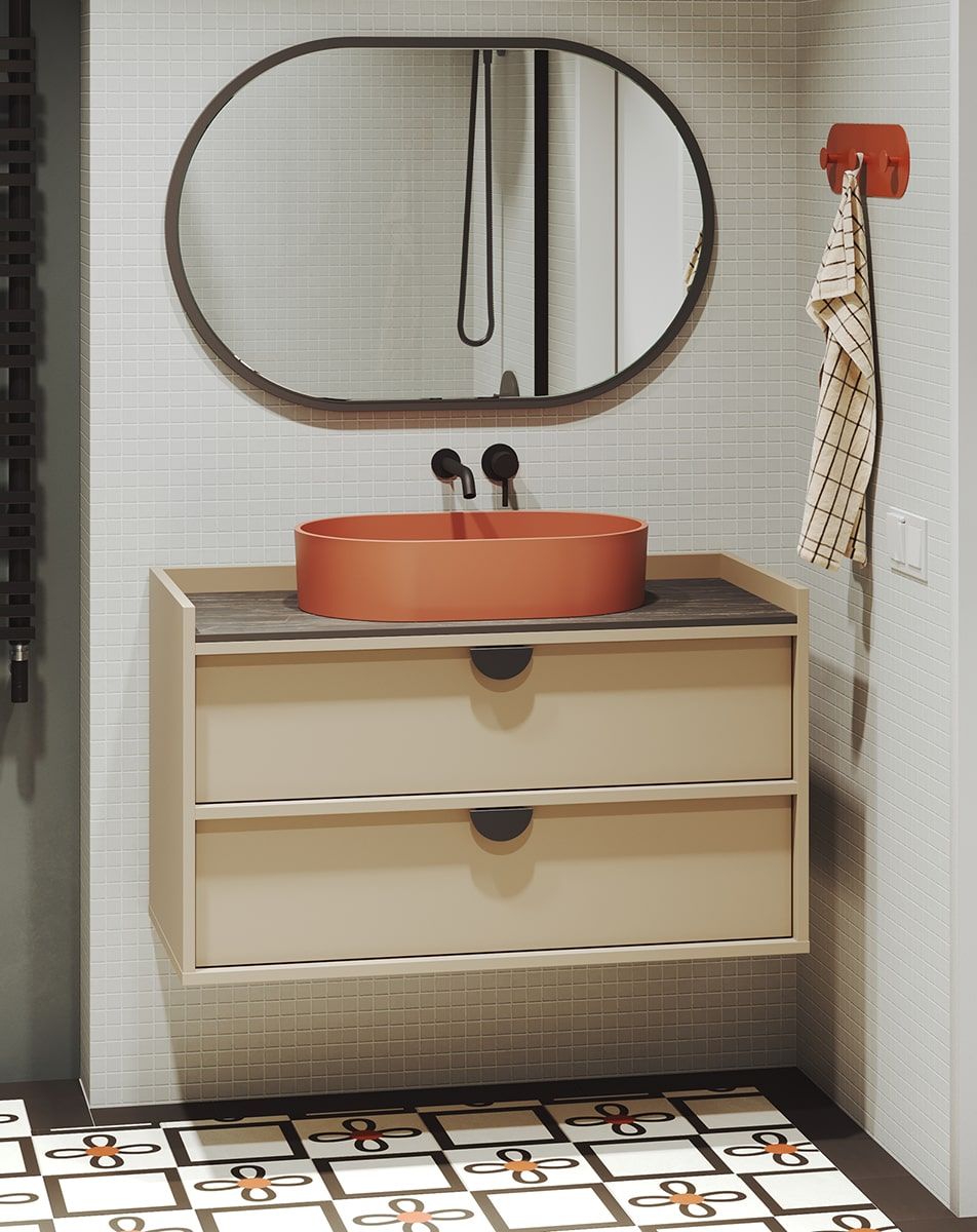 Szafka pod umywalkę SIGI wisząca WSU02B
Kolor: Cappuccino
Uchwyt: Uchwyt RIND Czarny
Umywalka: OVO M+ Terracotta OMNIRES
Blat: Czarny Marmur