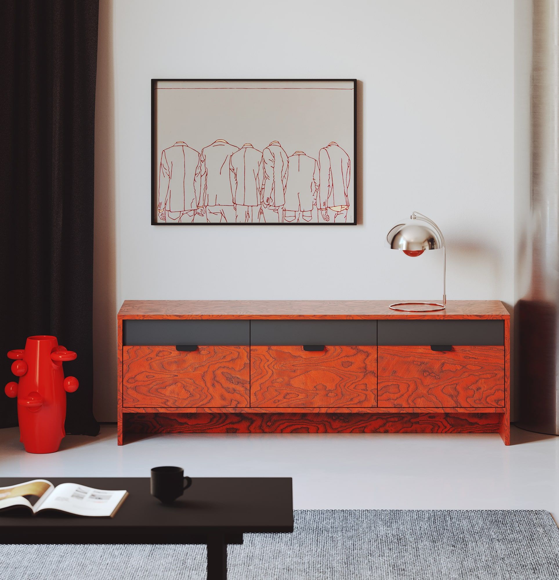 Szafka RTV LAYERS LAY05
Kolor: Sottsass Czerwony Fornir
Kolor drugiej warstwy frontu: Diamentowa Szarość
Uchwyt: Uchwyt LAYERS 110 Czarny Onyx