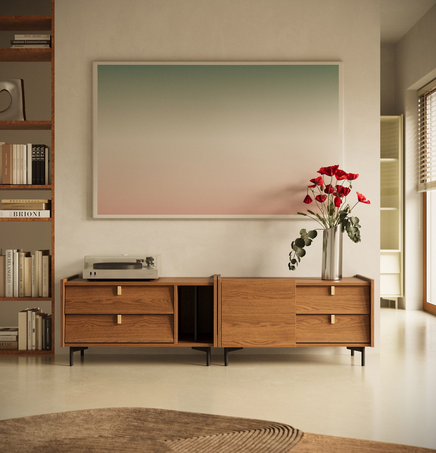 Szafka RTV SKRA SKR02 i SKR03
Kolor: Dąb Rustykalny
Noga: Czarna
Uchwyt: Klin Dębowy        