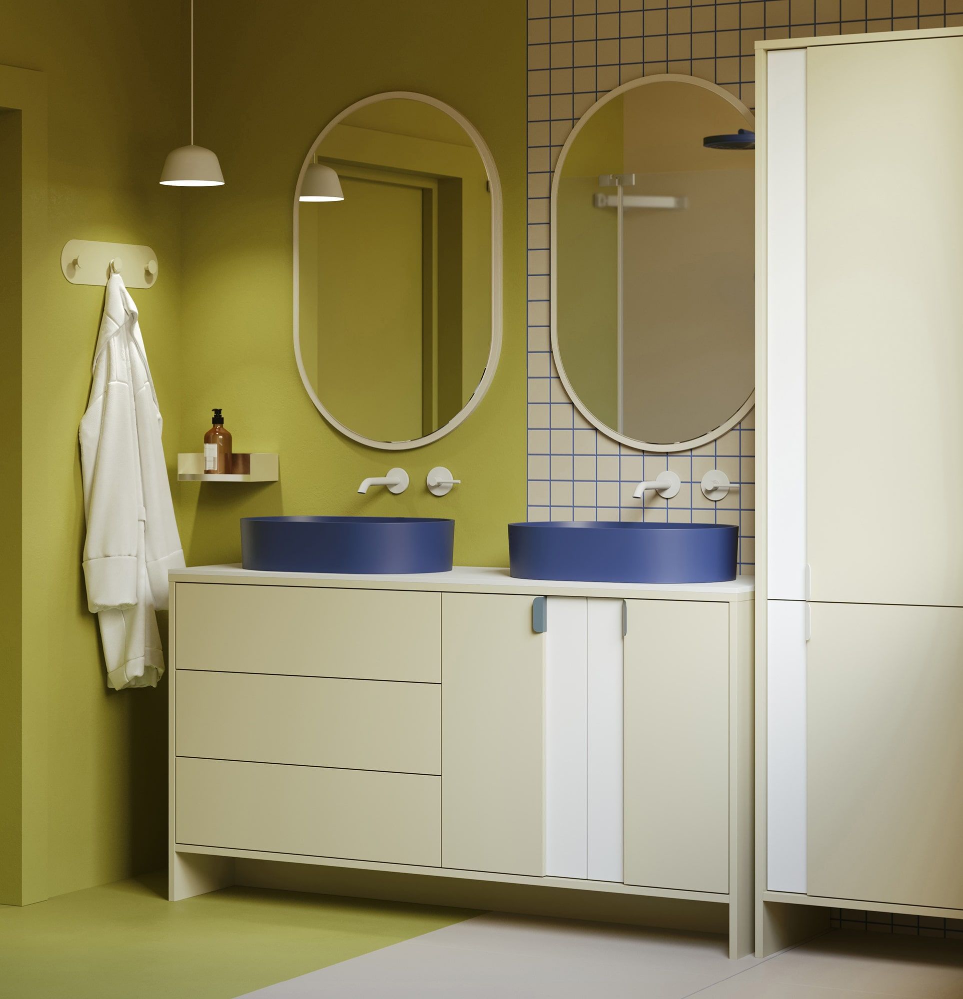 Szafka z dwiema umywalkami OMNIRES LAYERS LAY74
Kolor: Droga Mleczna
Kolor drugiej warstwy frontu: Porcelanowa Biel
Uchwyt: Uchwyt LAYERS 110 Nocna Żegluga
Umywalka: OVO M+ Midnight Blue OMNIRES
Blat: Biały Krystaliczny Spiek