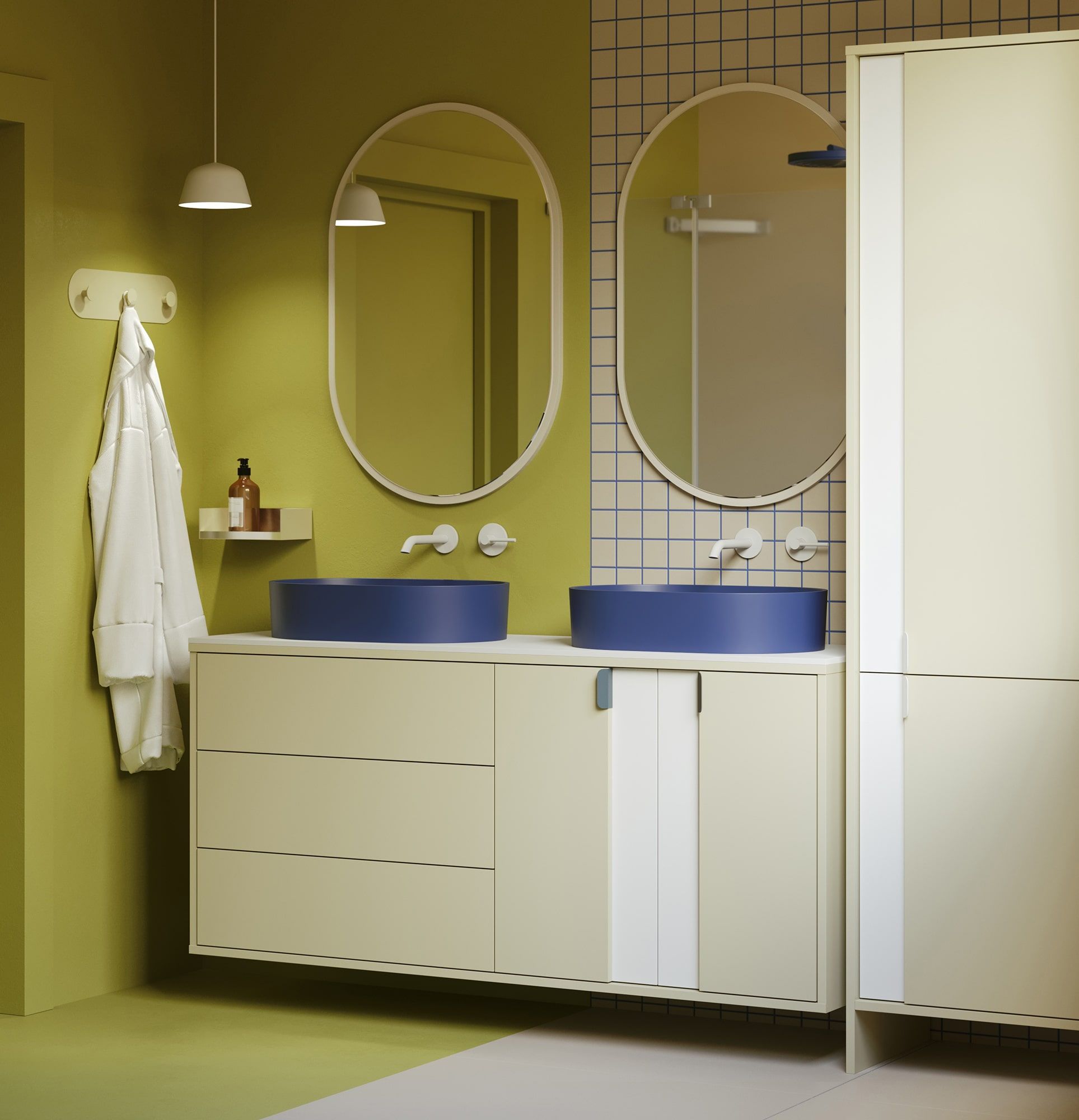 Szafka z dwiema umywalkami OMNIRES wisząca LAYERS LAY76
Kolor: Droga Mleczna
Kolor drugiej warstwy frontu: Porcelanowa Biel
Uchwyt: Uchwyt LAYERS 110 Nocna Żegluga
Umywalka: OVO M+ Midnight Blue OMNIRES
Blat: Biały Krystaliczny Spiek
               