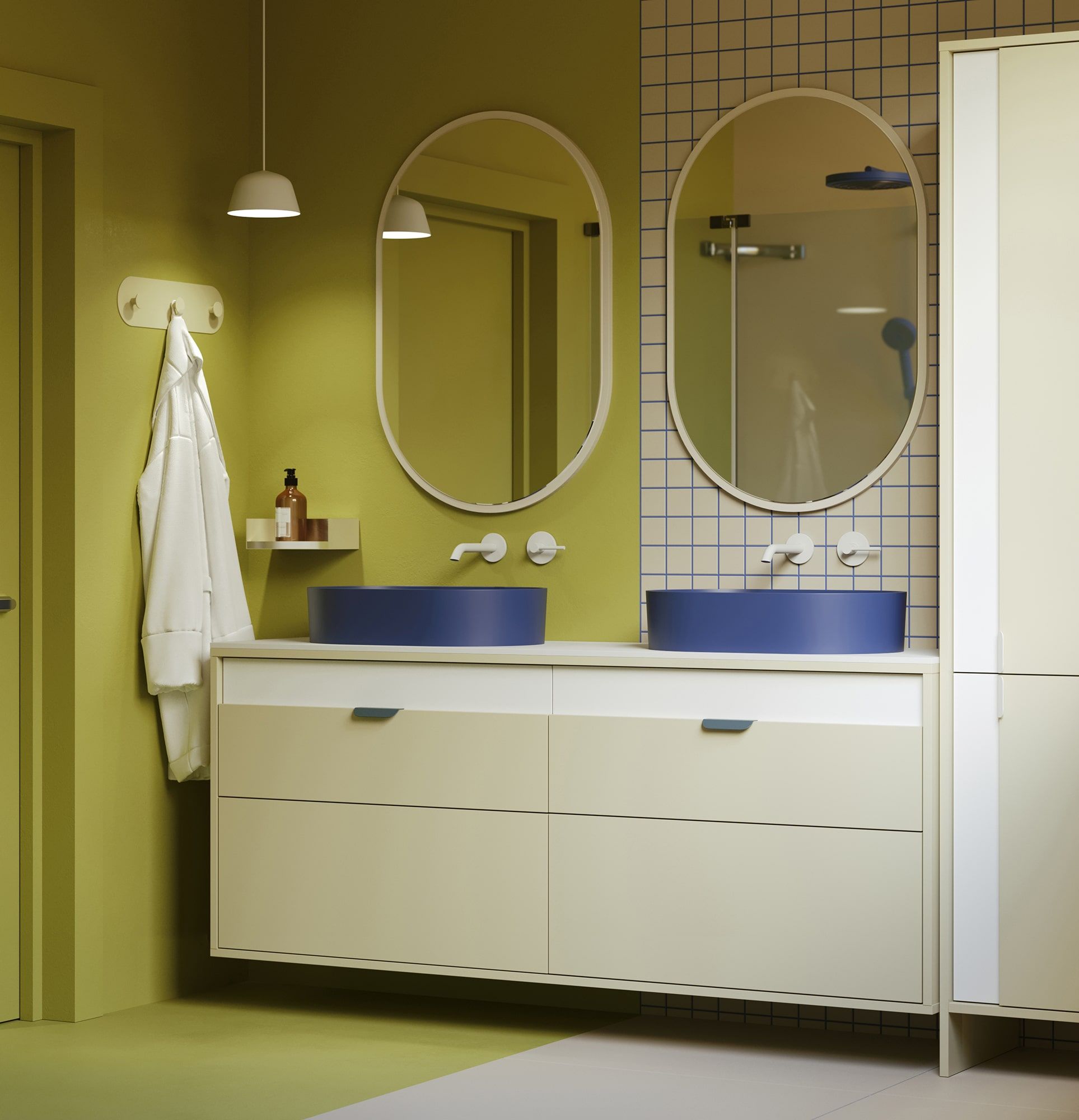 Szafka z dwiema umywalkami OMNIRES wisząca z szufladami LAYERS LAY72
Kolor: Droga Mleczna
Kolor drugiej warstwy frontu: Porcelanowa Biel
Uchwyt: Uchwyt LAYERS 110 Nocna Żegluga
Umywalka: OVO M+ Midnight Blue OMNIRES
Bateria: Wysoka Y Czarny OMNIRES
