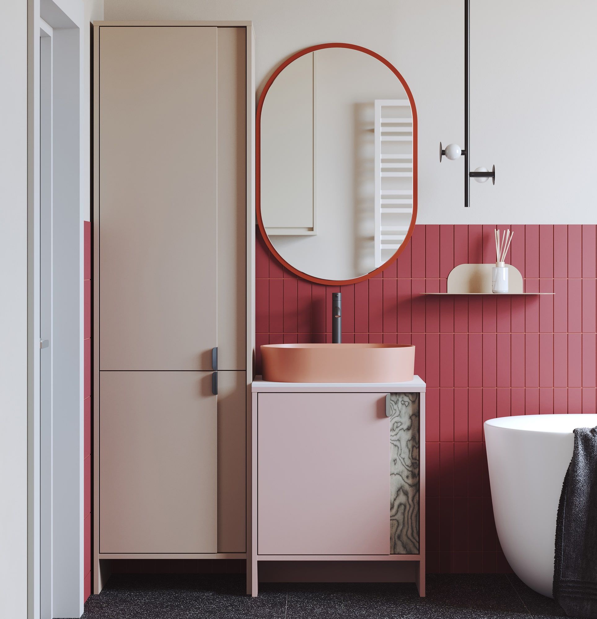 Szafka z umywalką OMNIRES stojąca LAYERS LAY60
Kolor: Antyczna Róża
Kolor drugiej warstwy frontu: Sottsass Szary Fornir
Uchwyt: Uchwyt LAYERS 110 Czarny Onyx
Umywalka: OVO M+ Coral OMNIRES
Bateria: Wysoka Y Czarny OMNIRES
Blat: Biały Krystaliczny Sp