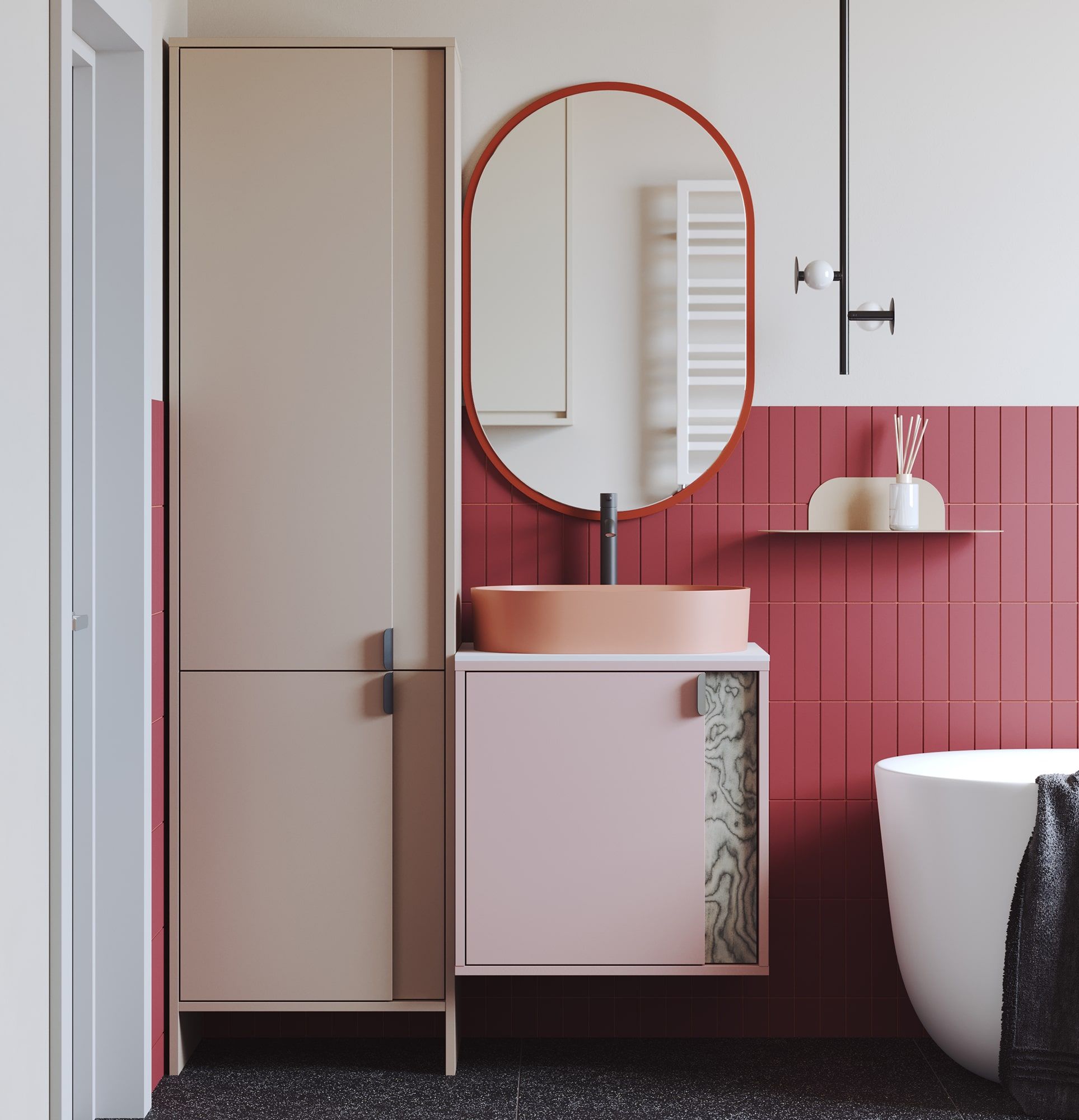 Szafka z umywalką OMNIRES wisząca LAYERS LAY62
Kolor: Antyczna Róża
Kolor drugiej warstwy frontu: Sottsass Szary Fornir
Uchwyt: Uchwyt LAYERS 110 Czarny Onyx
Umywalka: OVO M+ Coral OMNIRES
Bateria: Wysoka Y Czarny OMNIRES
Blat: Biały Krystaliczny Sp
